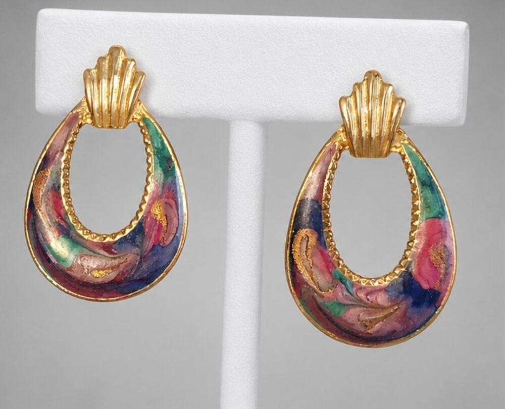 Vintage 1980s Enameled Hoop Drop Pierced Earrings Pink Blue 1.25" Retro bp-28